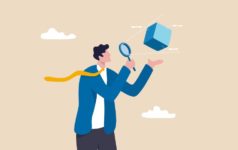 In the Loop: Due: Diligence An illustration of a person holding an object and viewing it through a magnifying glass. The image symbolizes market due diligence.