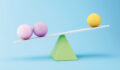 Graphic of two purple spheres and one yellow sphere balancing on top of a green triangle