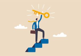 Illustration showing business person holding a key.
