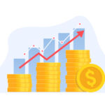 An illustration of a growth chart with gold coins depicting bars that are growing.