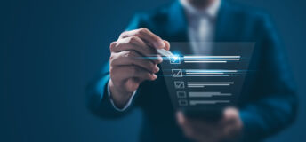 Business performance monitoring concept, businessman using smartphone Online survey filling out, digital form checklist, blue background.