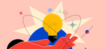 Photo of a hand under a floating lightbulb, representing new ideas, thoughts, and innovation.