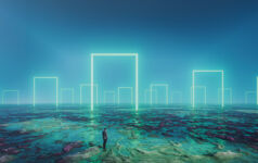 Fund finance is a market in flux Businessman standing in front of glowing portals