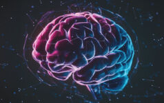 A neon picture of a brain in vibrant pink and cyan