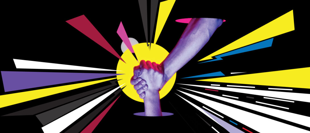 Hands clasped representing human co-operation