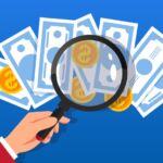 Illustration of a person holding a magnifying glass inspecting money.
