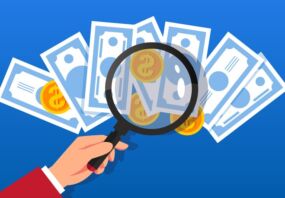 Illustration of a person holding a magnifying glass inspecting money.