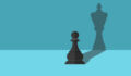 An illustration of a Pawn from a game of a chess, with the shadow its casting in the shape of a King piece, signifying increasing power