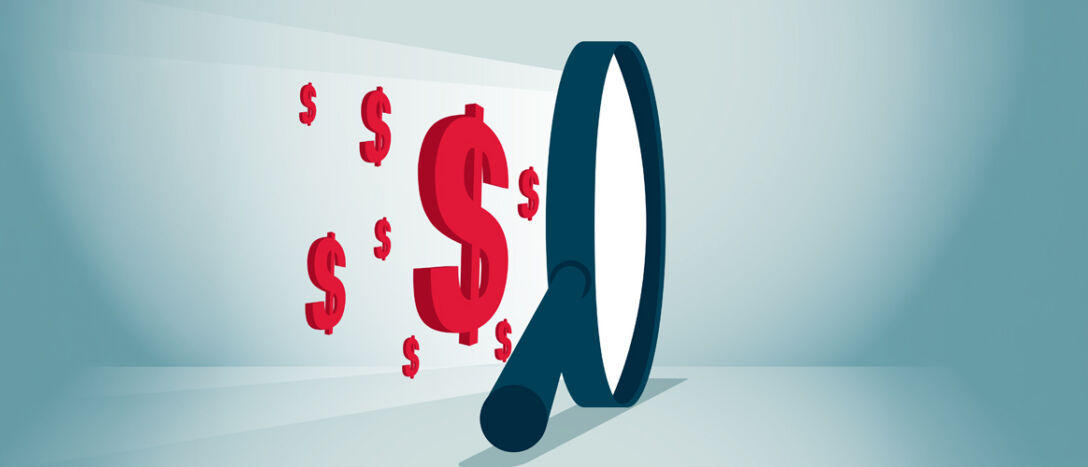 An illustration of a magnifying glass on a series of USD signs