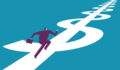 An illustration of a businessman running down an endless path in the shape of endless US dollar signs