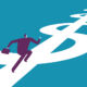 An illustration of a businessman running down an endless path in the shape of endless US dollar signs