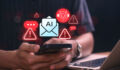 AI email automation danger warning displayed on smartphone, indicating chatbot communication risks, data vulnerabilities, and system error alerts in intelligent message management environments.