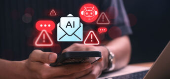 AI email automation danger warning displayed on smartphone, indicating chatbot communication risks, data vulnerabilities, and system error alerts in intelligent message management environments.